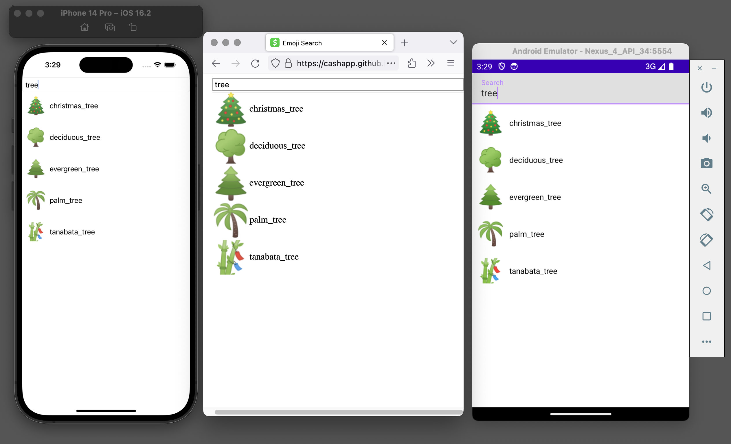 Screenshot showing the iOS simulator, a web browser, and the Android emulator each running a version of the same app which is an input box containing the word "tree" and below it a list of five emoji images and their names which all contain the word "tree"
