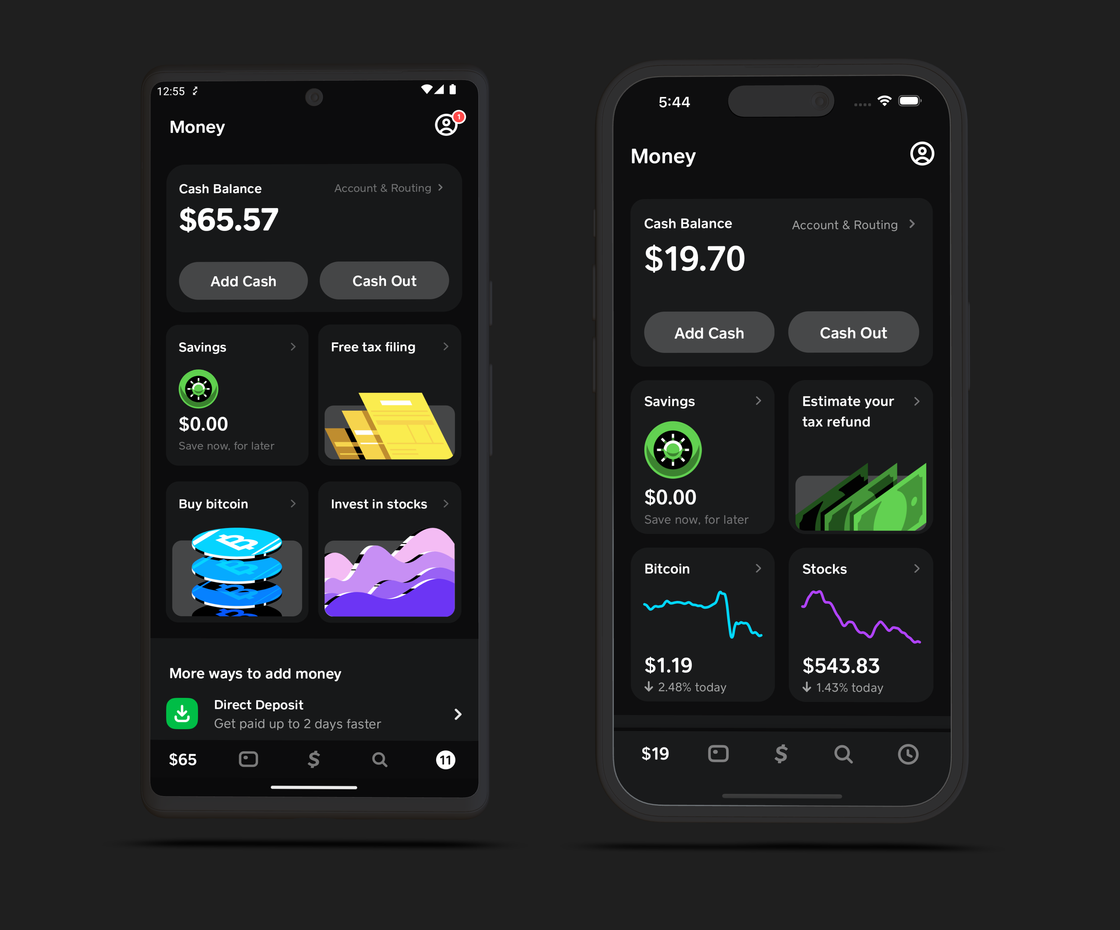 Screenshot of Cash App running on iOS and Android showing the same "Money" screen with items like a cash balance and tiles for savings, taxes, and investing